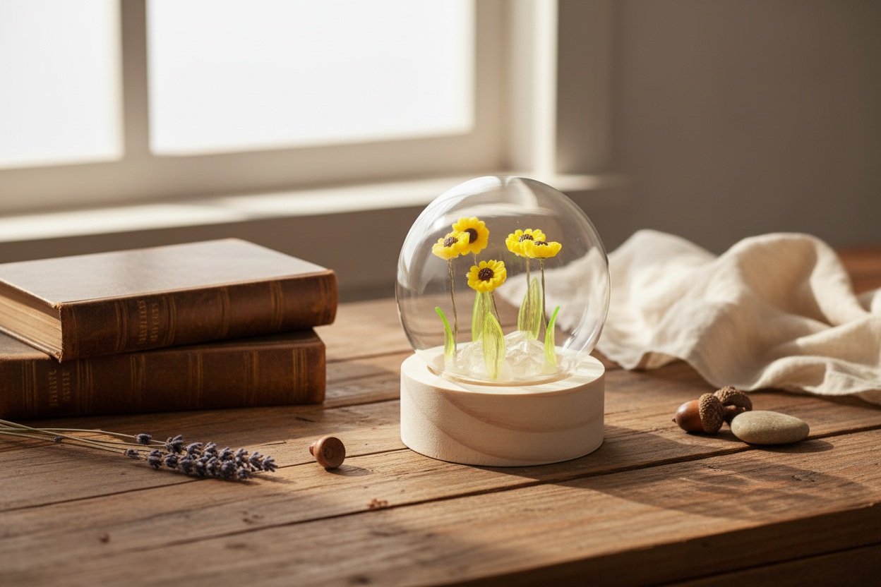 Cúpula de Vidro Floral Glow - 5 Girassóis - LED a Bateria