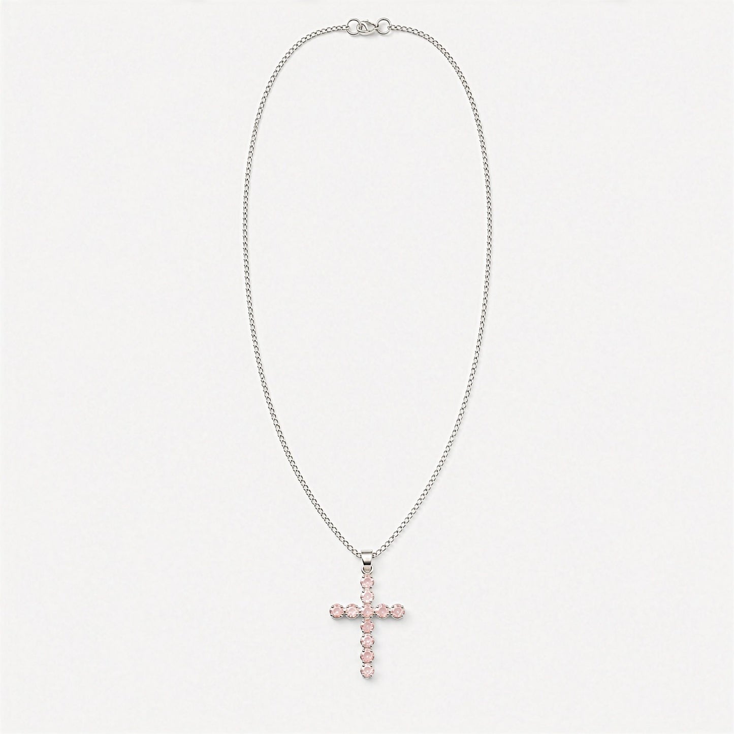 Pendente Devocional da Índia - Banhado a Prata (corrente de 45 cm) - Crucifixo de Quartzo Rosa