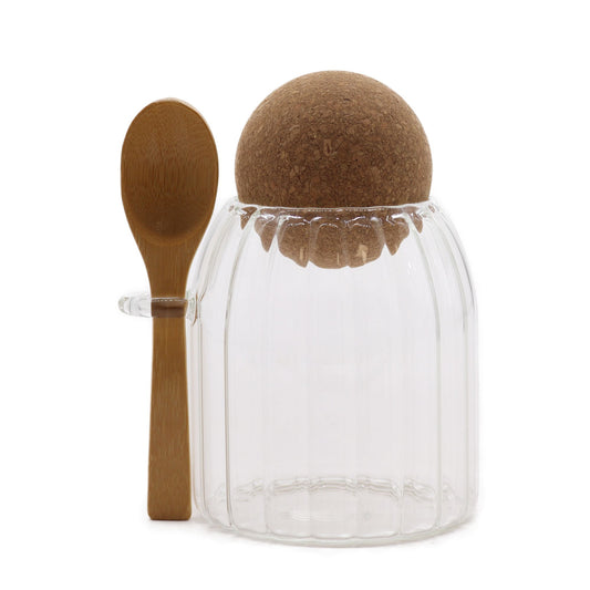 Frasco de Vidro Cottage Pequeno com Tampa de Bambu - Canelado com Colher - 10 cm
