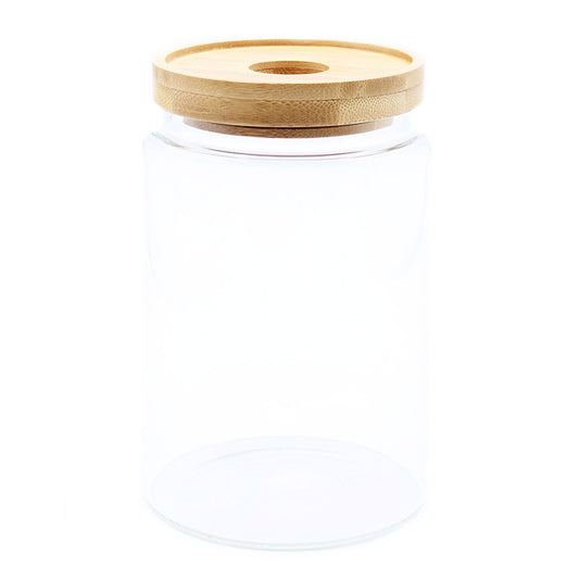 Frasco de Vidro com Tampa de Bambu - 15 cm