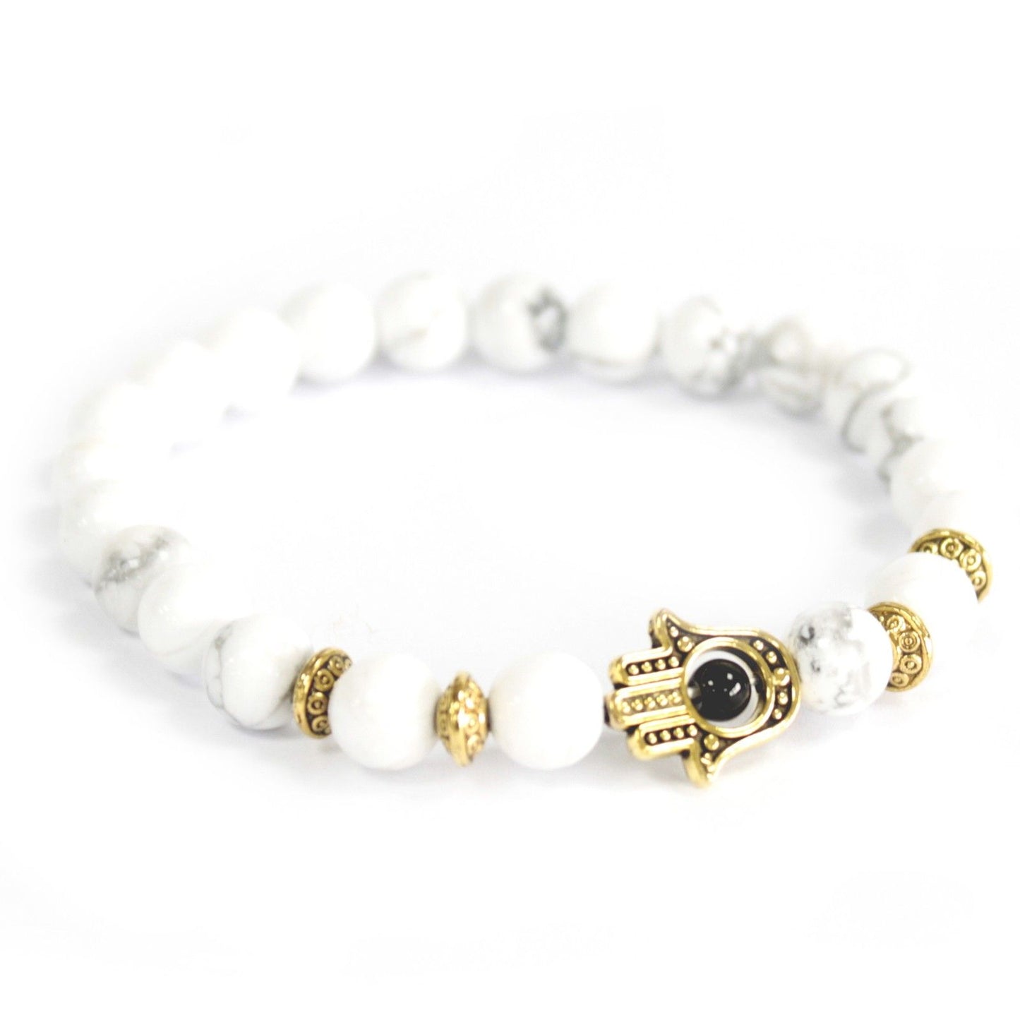Pulseira de Pedras Preciosas - Hamsa Dourado e Pedra Branca