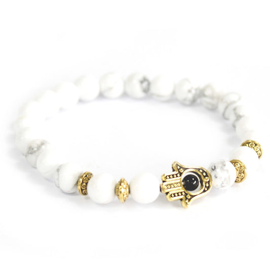 Pulseira de Pedras Preciosas - Hamsa Dourado e Pedra Branca