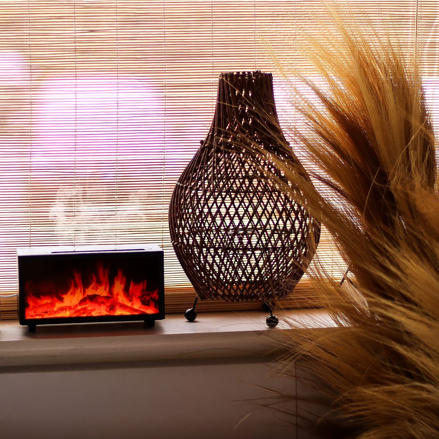 Difusor de aroma com efeito de chama e som de aves - USB preto - Mudança de cor
