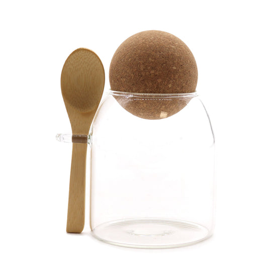 Frasco de Vidro Cottage com Bola de Rolha - Transparente com Colher - 10 cm
