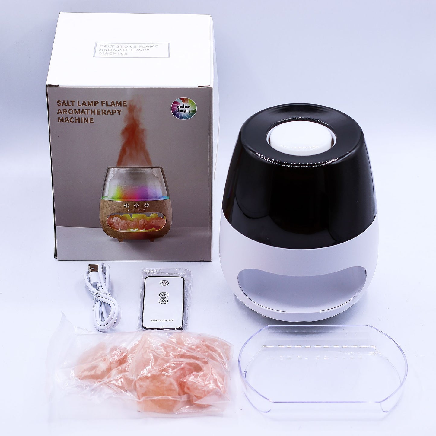 Difusor de aroma com efeito de chama de pedra de sal - USB branco - Mudança de cor e temporizador
