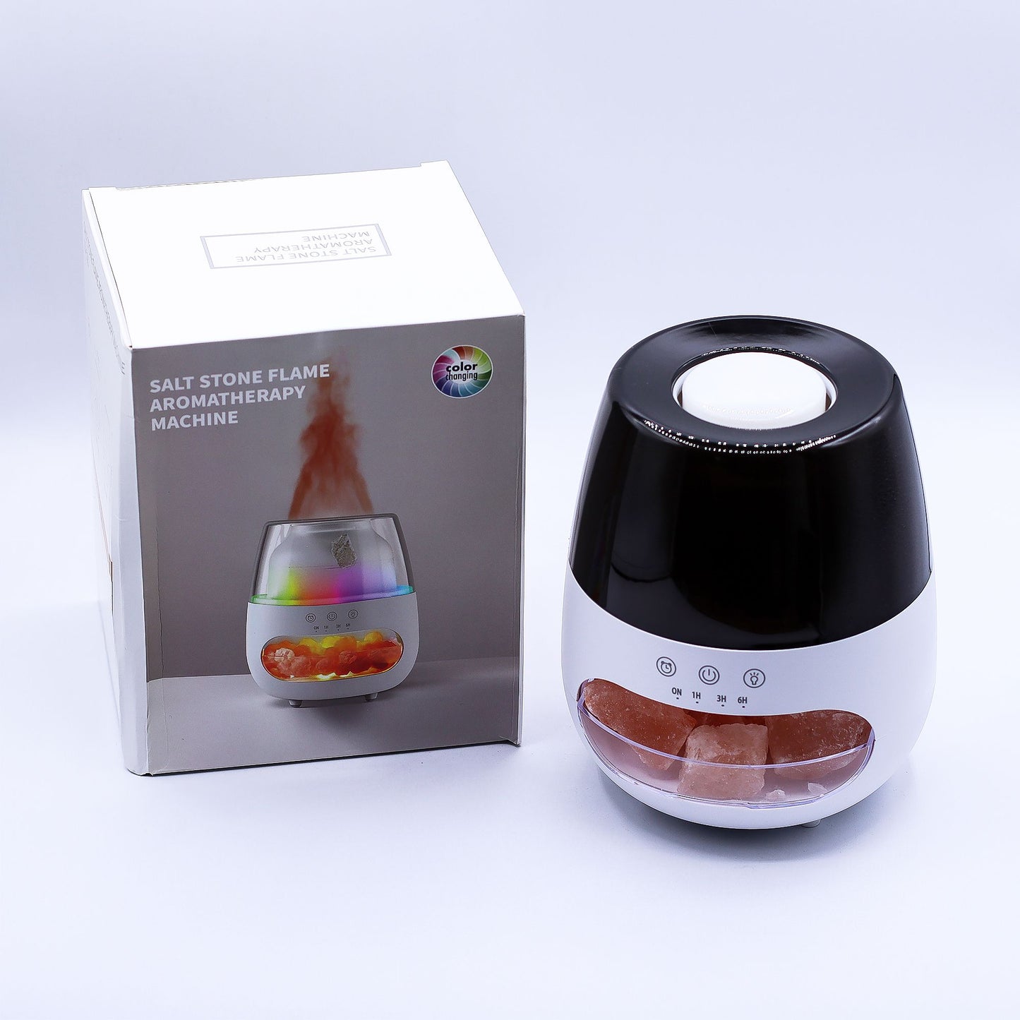 Difusor de aroma com efeito de chama de pedra de sal - USB branco - Mudança de cor e temporizador