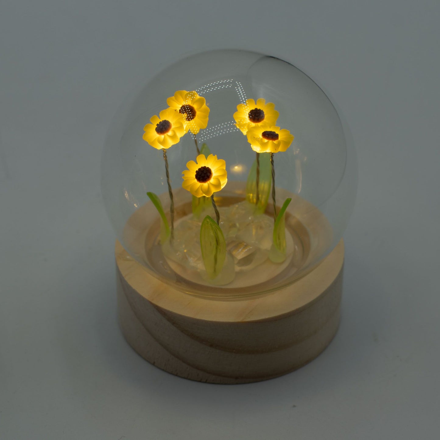 Cúpula de Vidro Floral Glow - 5 Girassóis - LED a Bateria