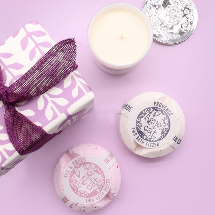 Set de Presente: Bombas de banho de Provença & chá e rosas + Vela de Pedra Lunar