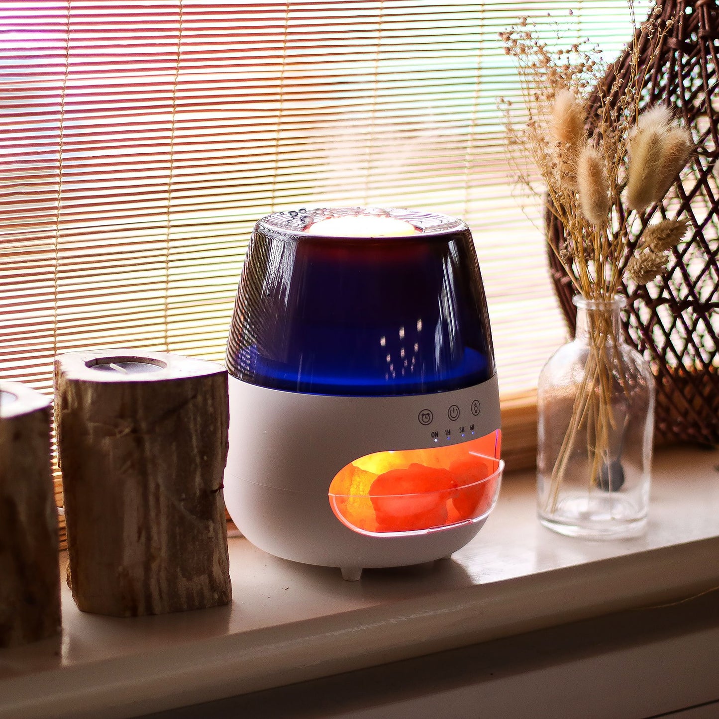 Difusor de aroma com efeito de chama de pedra de sal - USB branco - Mudança de cor e temporizador