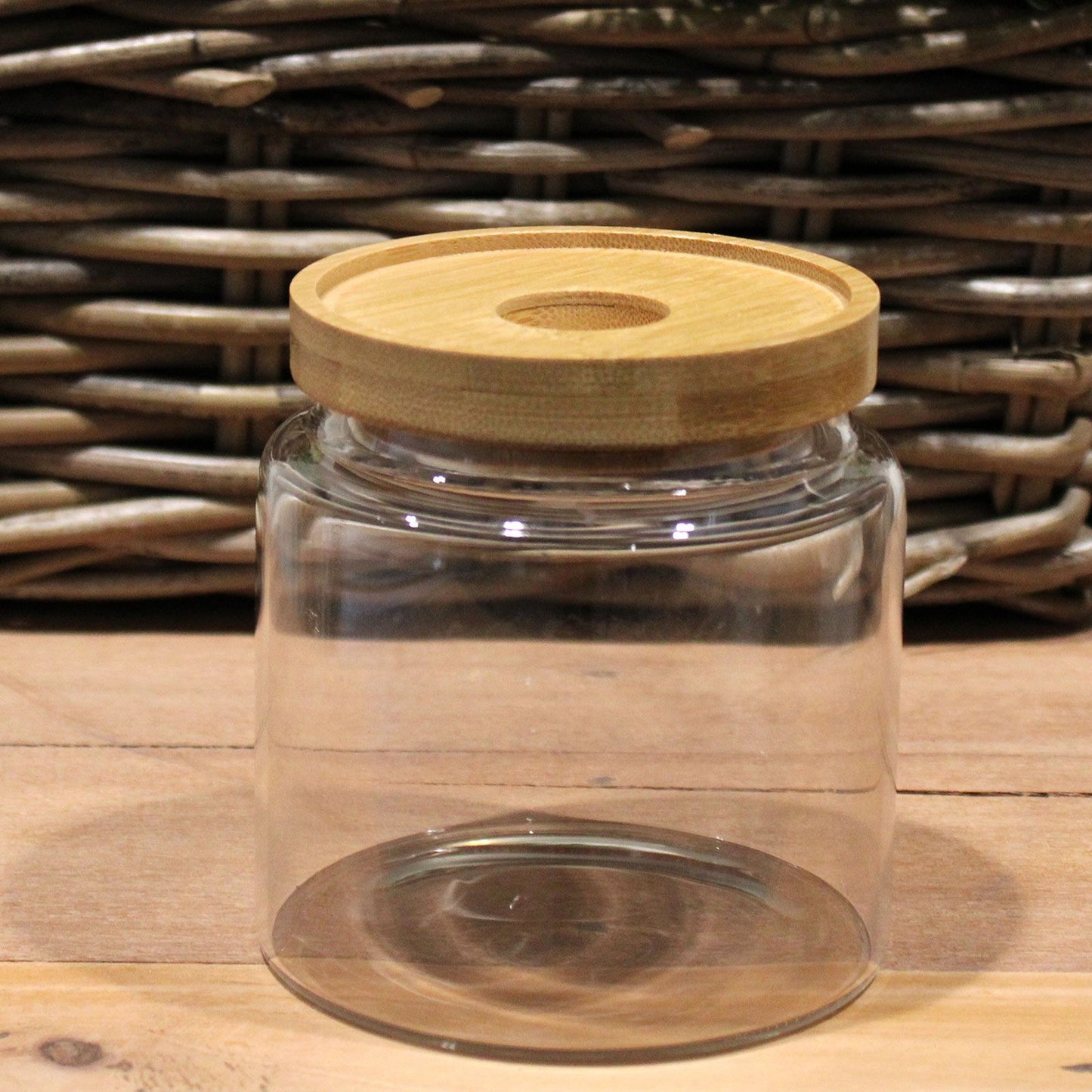 Frasco de Vidro com Tampa de Bambu - 10 cm